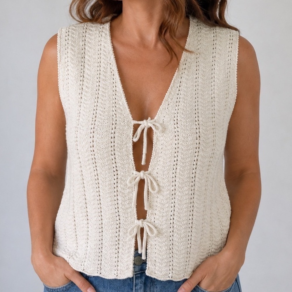 Liz Wear Large Cotton Knit Vest Cream Tie Front Coastal Grandma Cottagecore